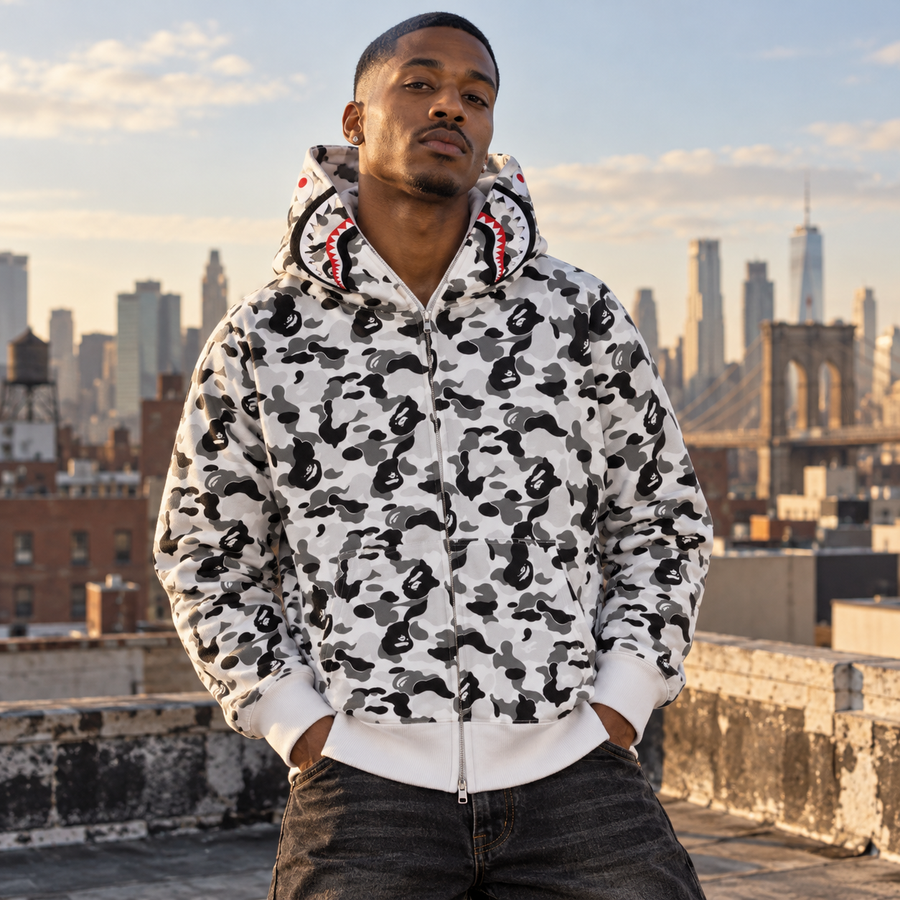 BAPE collection cover: distinct male American streetwear model