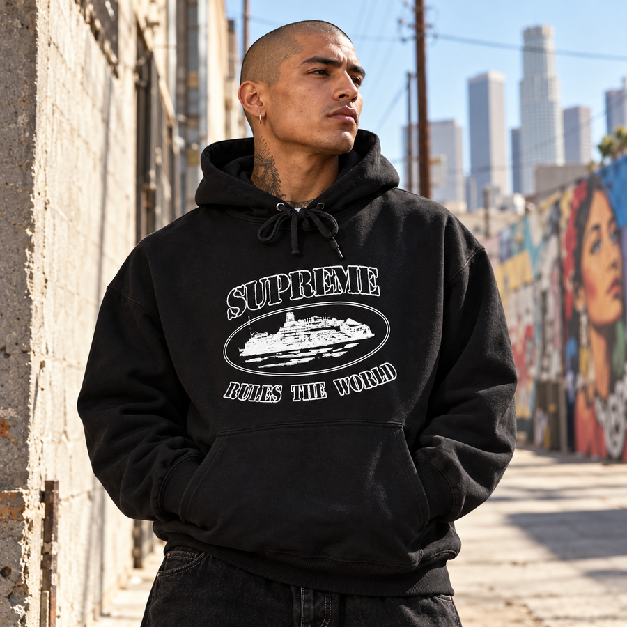 Corteiz collection cover: distinct male American streetwear model