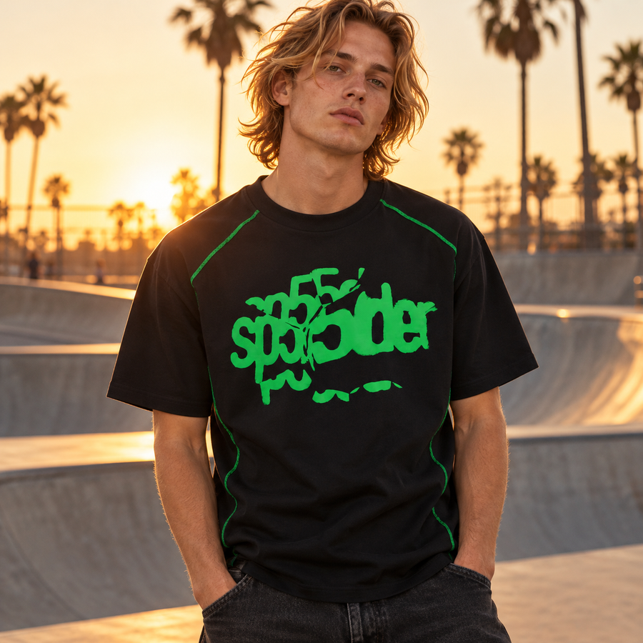 Sp5der collection cover: distinct male American streetwear model