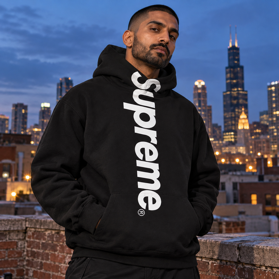 Supreme collection cover: distinct male American streetwear model