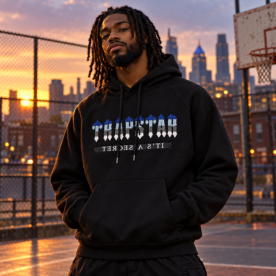 Trapstar collection cover: distinct male American streetwear model