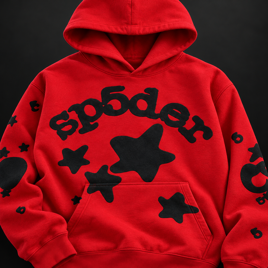 Hoodie collection close-up based on a live Sp5der hoodie