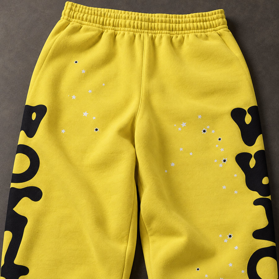 Pants collection close-up based on live Sp5der sweatpants