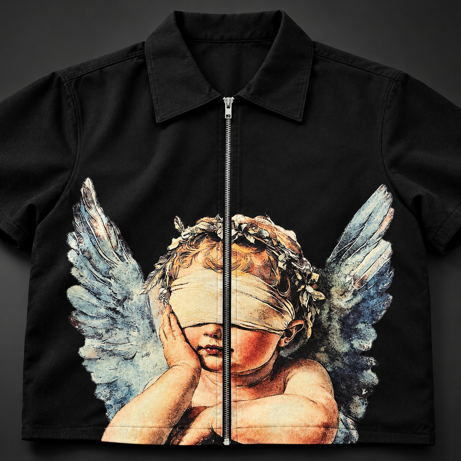 Shirt collection close-up based on a live Mixed Emotions zip shirt