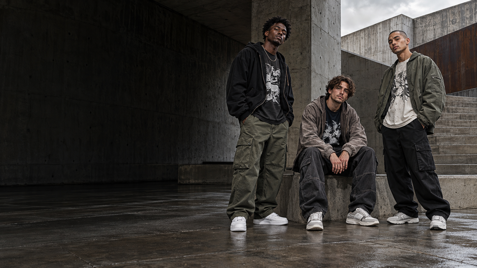 Three men wearing contemporary streetwear in an urban setting